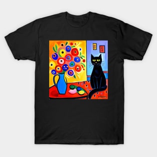 Black Cat with Floral Vase Modern Still Life Painting T-Shirt